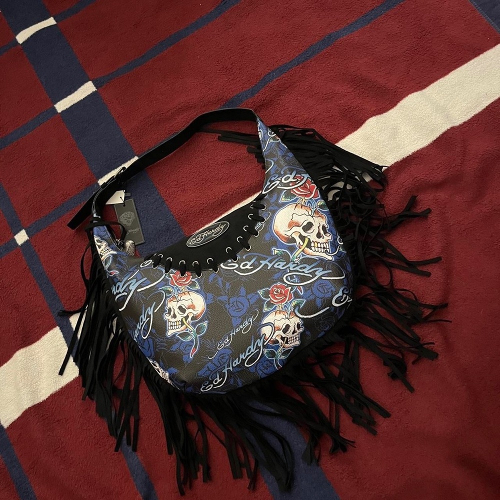 Y2K Ed Hardy Blue Black Hobo Fringe Bag Handbag Purse NWT skulls roses suede